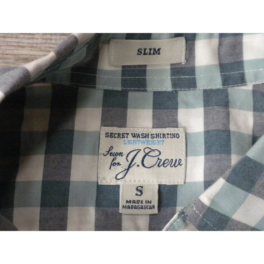 J. Crew Shirt Mens S Green‎ Gray Secret Wash Slim Plaid Button Down Coolmax Prep